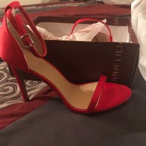 Red Satin open toe ankle strap heel